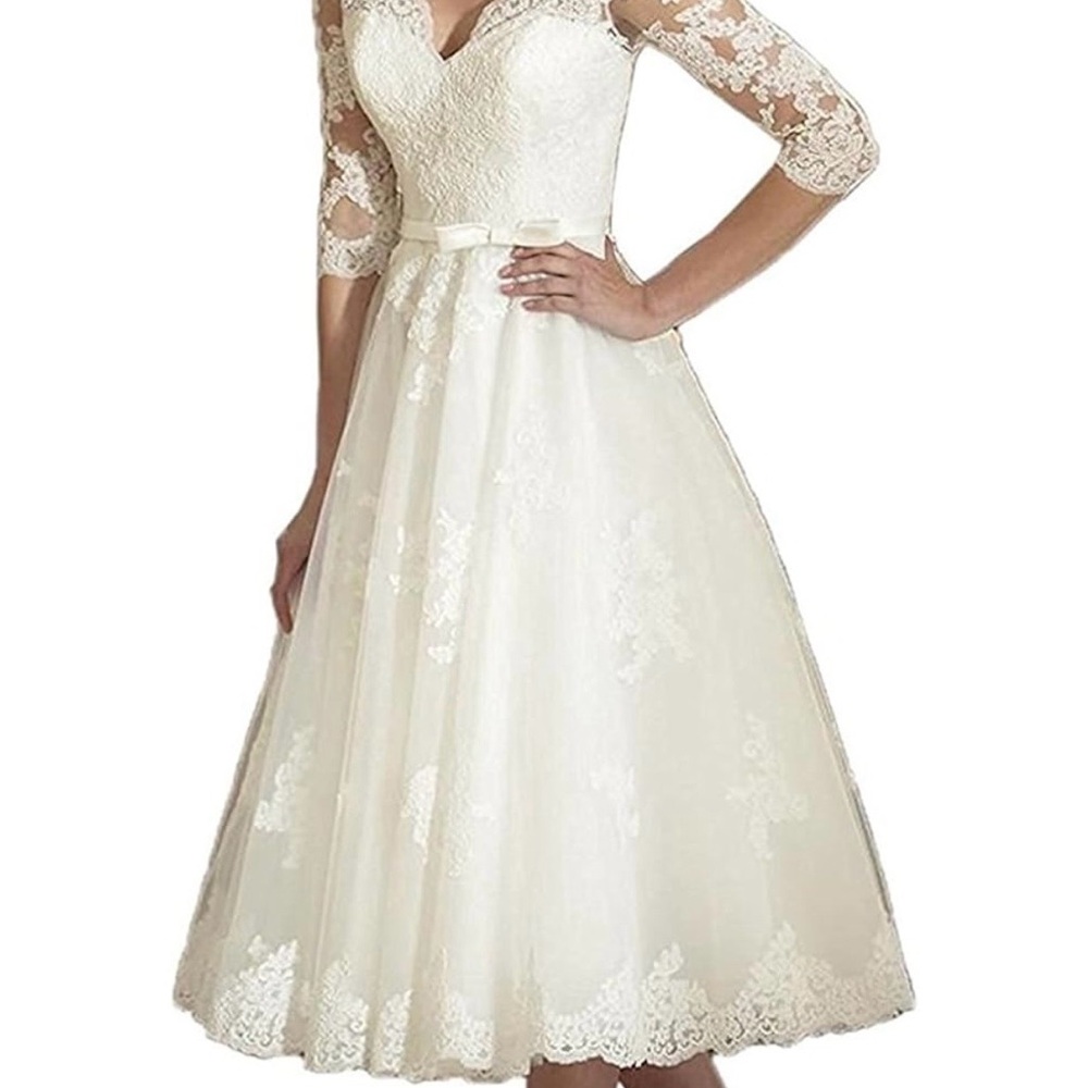 Elegant White Lace Tea-Length Wedding Dress with Three-Quarter Sleeves